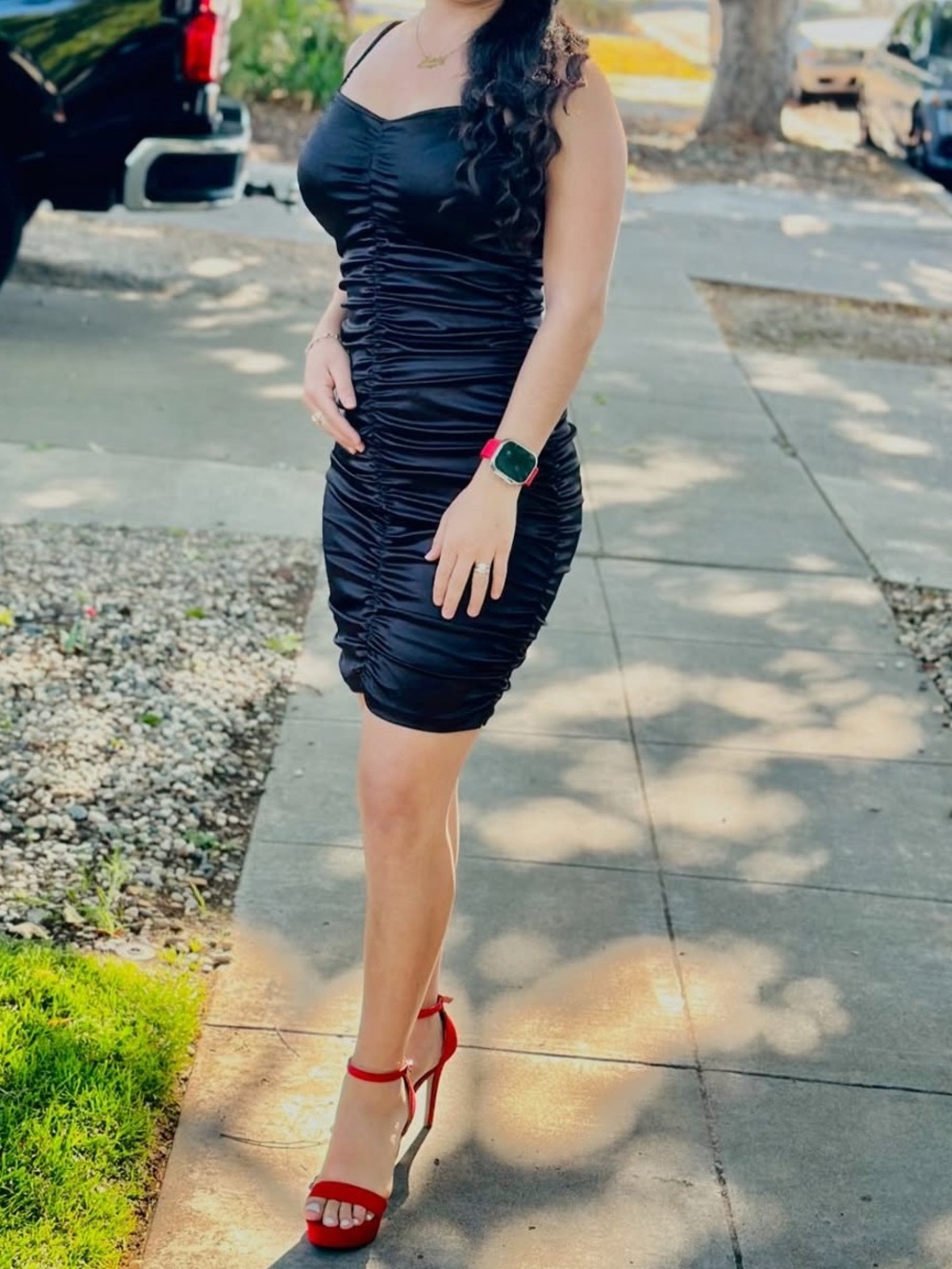 Black Ruched Bodycon Mini Dress with Red Heels